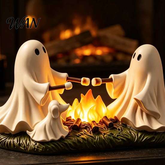 Niedliches Horror-Thema Dekor Geist geröstete Marshmallows LED-Ornament, Langlebige Harz Halloween Desktop Party Tischmittelstück Handwerk, Dekoratives Warmes Licht