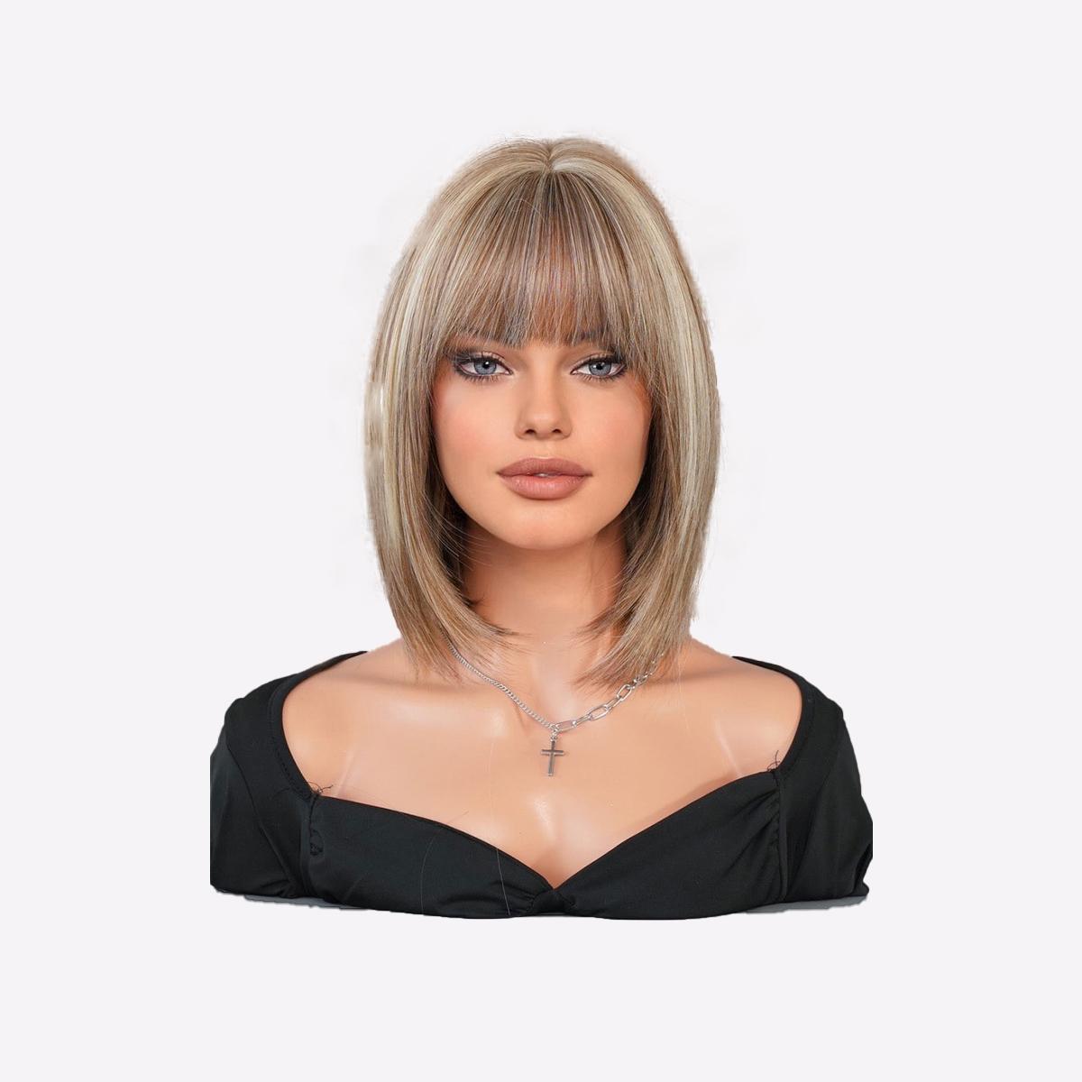 

Парик каре-бейдж карамельного цвета — 14-дюймовый термостойкий перевернутый боб с прямой челкой, синтетические волосы естественного вида для повседневного использования и вечеринок 33cm 12 inch коричневый