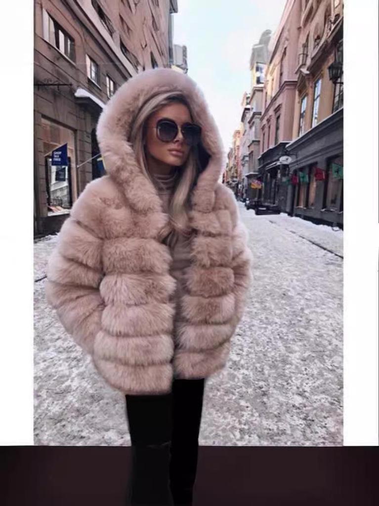 Women's Mid-Length Imitation Fox Fur Coat - Long Sleeve European & American Fashion Warm Overcoat