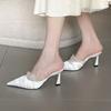 2025 New Sweet Lace Shoe Mouth Fashion Pointed Head Bag Head Half Slippers Thin Heel Sexy Super High and Elegant Fold
