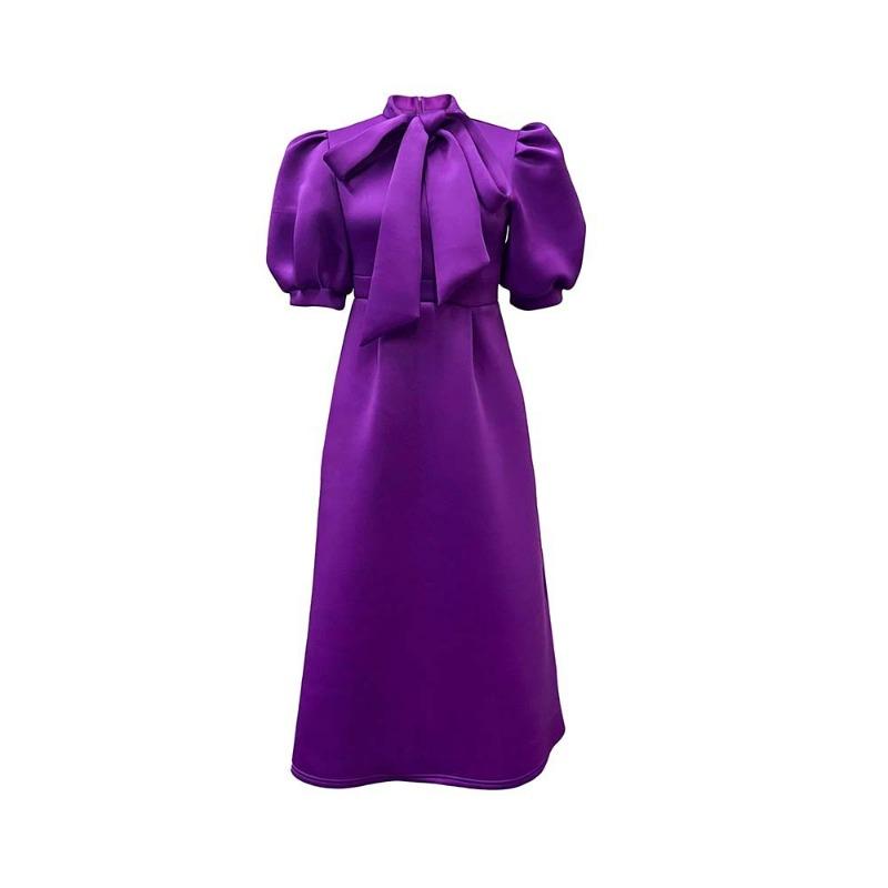 Large Size Women's Clothing Summer New Bow Socialite Solid Color Banquet Dress Skirt Short Sleeve Dress