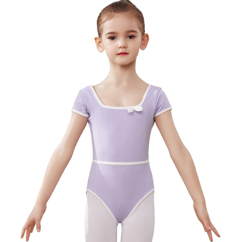 

Детские гимнастические купальники для девочек с коротким рукавом, хлопковые с тюлем, детская одежда для балета, танцевальное платье, гимнастический боди 140 фиолетовый