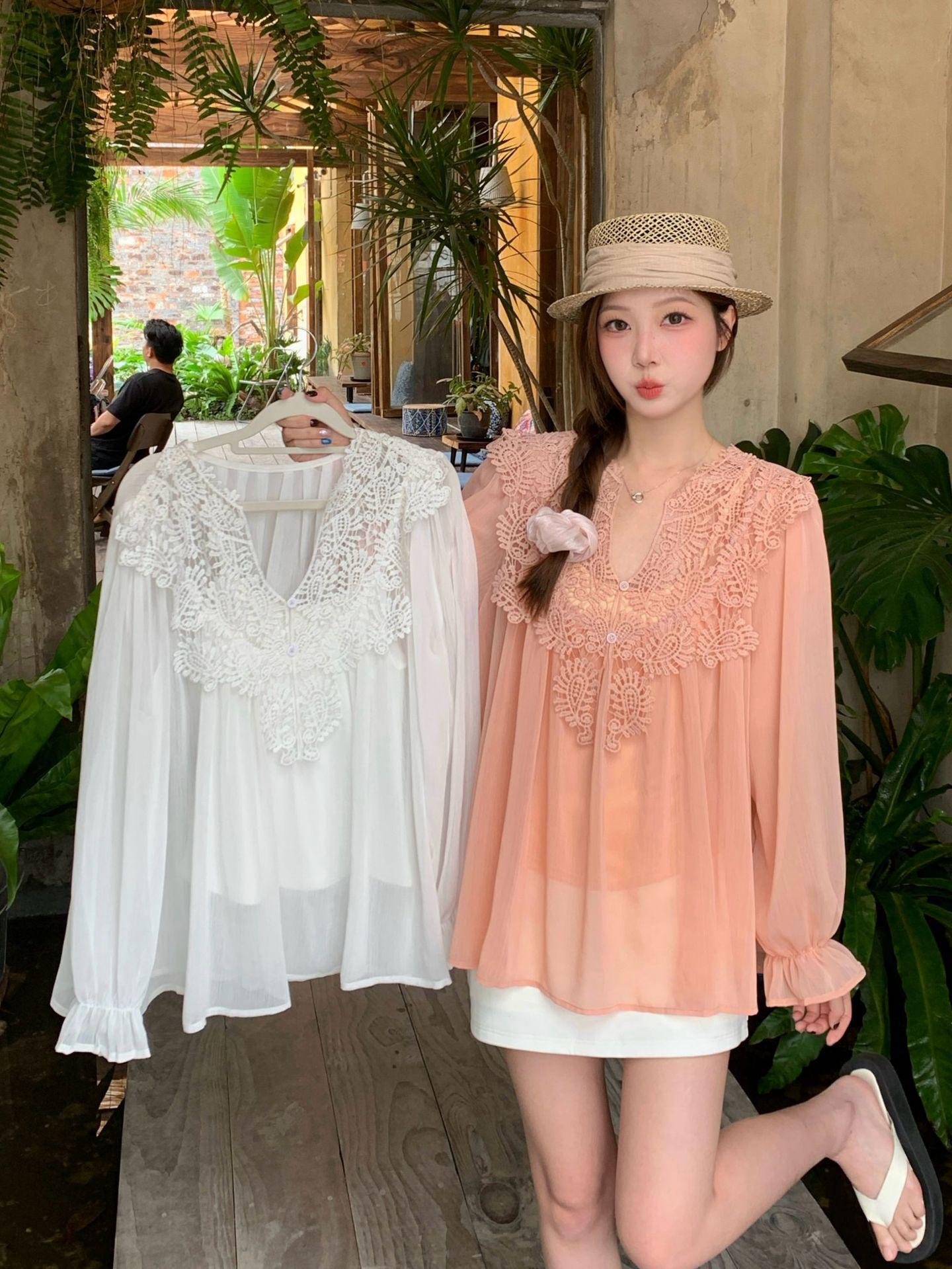 Plus Size Vintage 3D Crochet Lace Chiffon Blouse & Camisole Vest Set for Women XXL