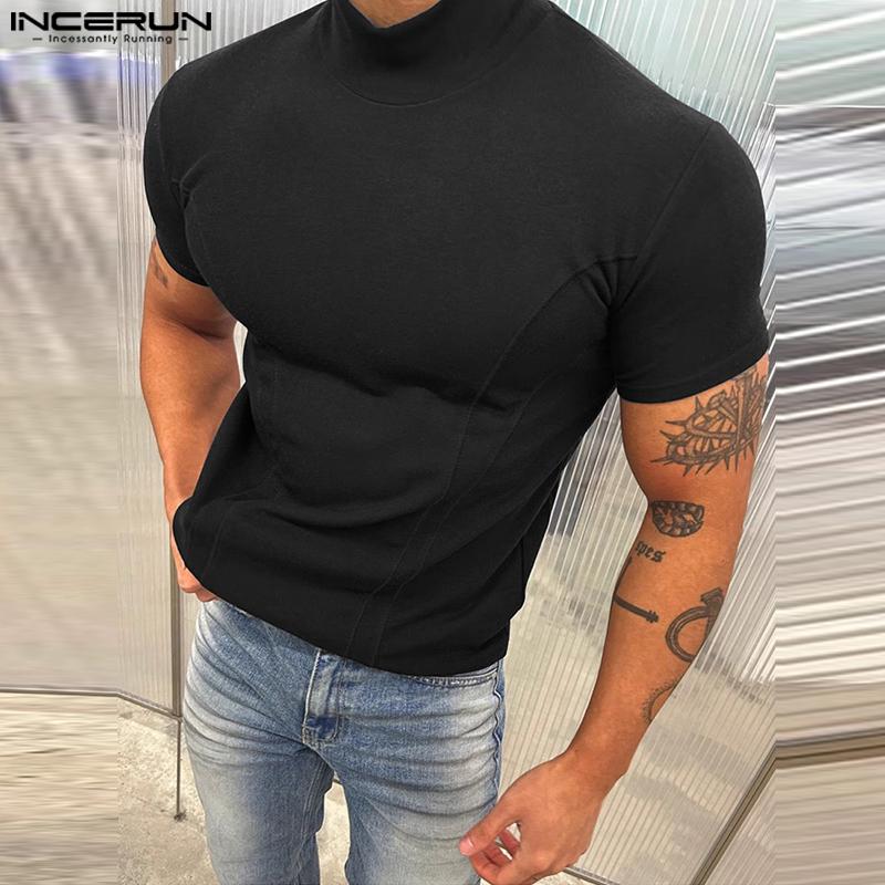 INCERUN Men Mockneck Short Sleeve Solid Color Casual Fittd T-shirts Tops