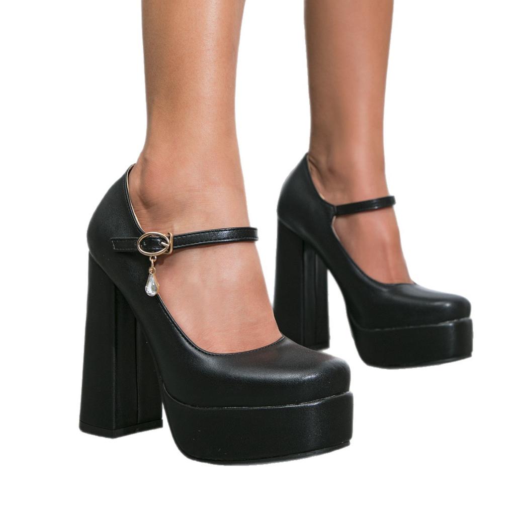 Scarpe Singole da Donna Mary Jane Tacco Spesso Tacchi Alti da Donna Impermeabili Tavolo Testa Rotonda Scarpe da Pendolare Taglia Grande Scarpe da Donna 33-4