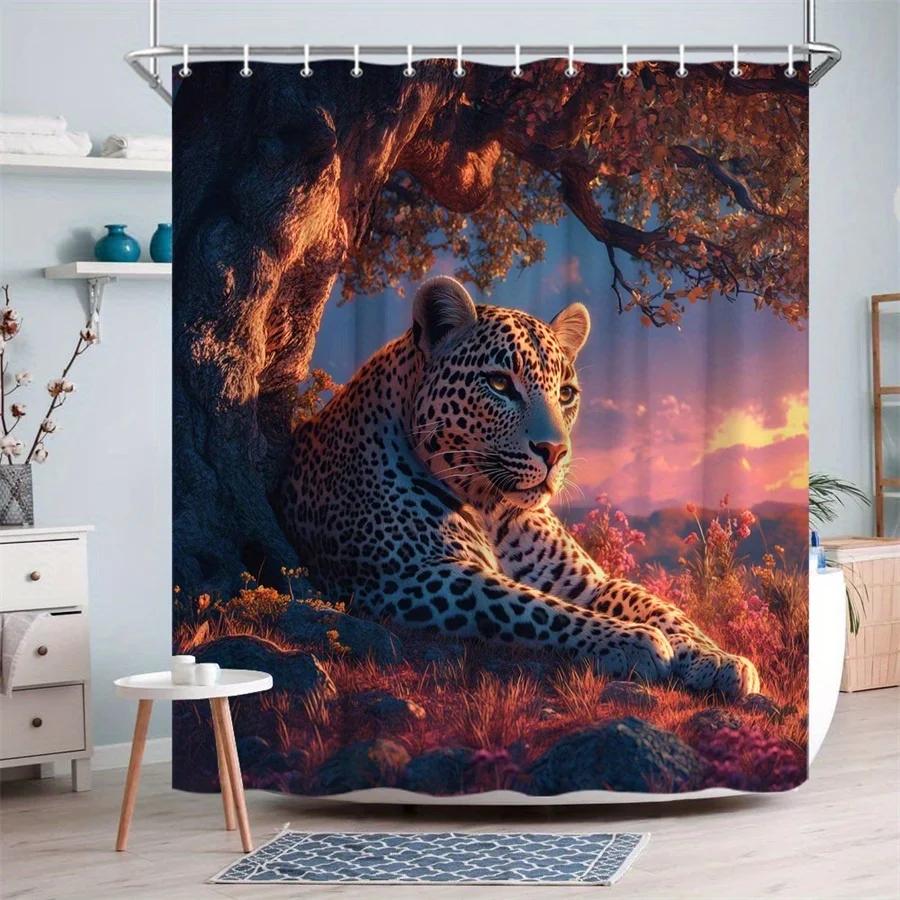 1pc Sunset Leopard Shower Curtain with Majestic Leopard Resting Under a Tree, Vibrant Orange and Pink Sunset Sky, Mystical Atmos