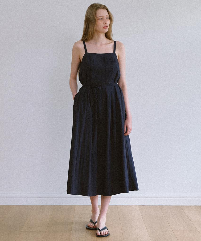 Laminez Strap Pintuck Long Dress - Navy