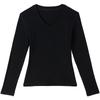 Women's Black V-neck Long-sleeve Slim-fit Thermal T-shirt with Velvet for Autumn/Winter