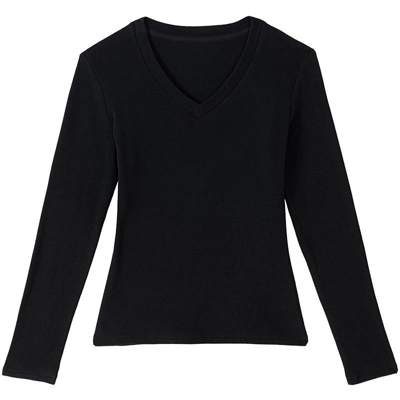 Women's Black V-neck Long-sleeve Slim-fit Thermal T-shirt with Velvet for Autumn/Winter