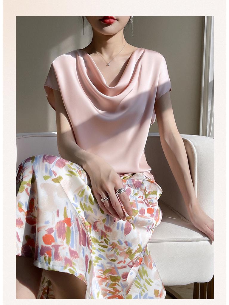 Women's High-Waist Silk A-Line Mid-Length Satin Skirt with Print