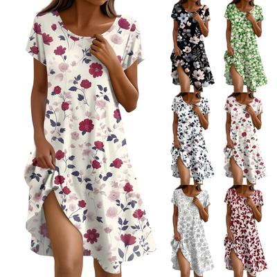 Short Sleeve Boho Dress For Women Casual Loose Fit Sundress Print Round Neck Dress With Pockets