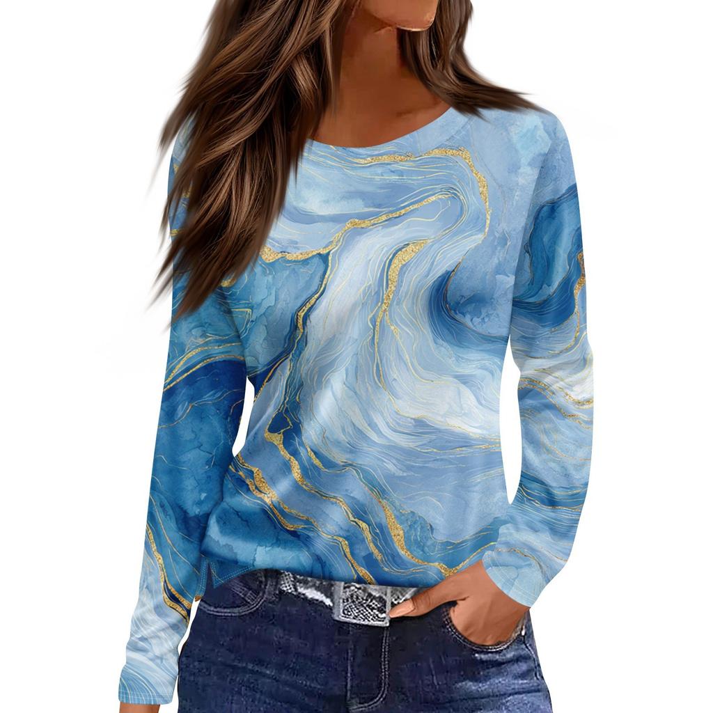 Women's Fashion Hem Slit Casual Floral Print Round Neck Long Sleeve Top