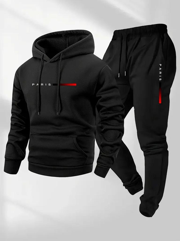 European Size Casual Fashion Unisex PARIS Lettered Print Hoodie and Drawstring Sports Set