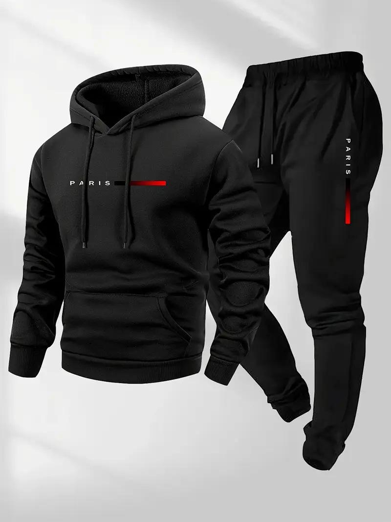 European size casual fashion men s and women s same PARIS letter print hoodie and drawstring sports suit S чёрный