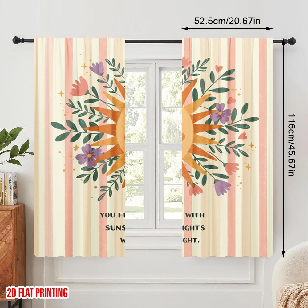 2pcs 2D flat printing Curtain Cute Sun Flower Polyester Without Electricity Family Party Use for General Festive and Winter