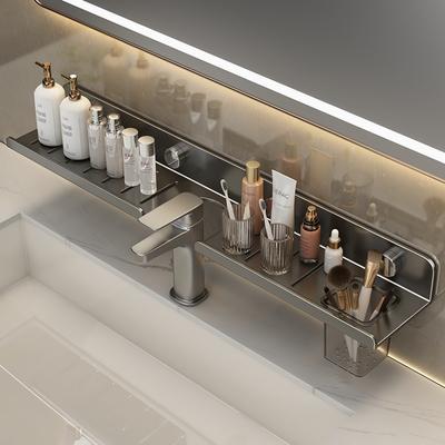 Wall Mounted Suction Cup Bathroom Shelf Sink Counter Mirror Front Storage No Drilling Modern Minimalist ABS Carbon Steel