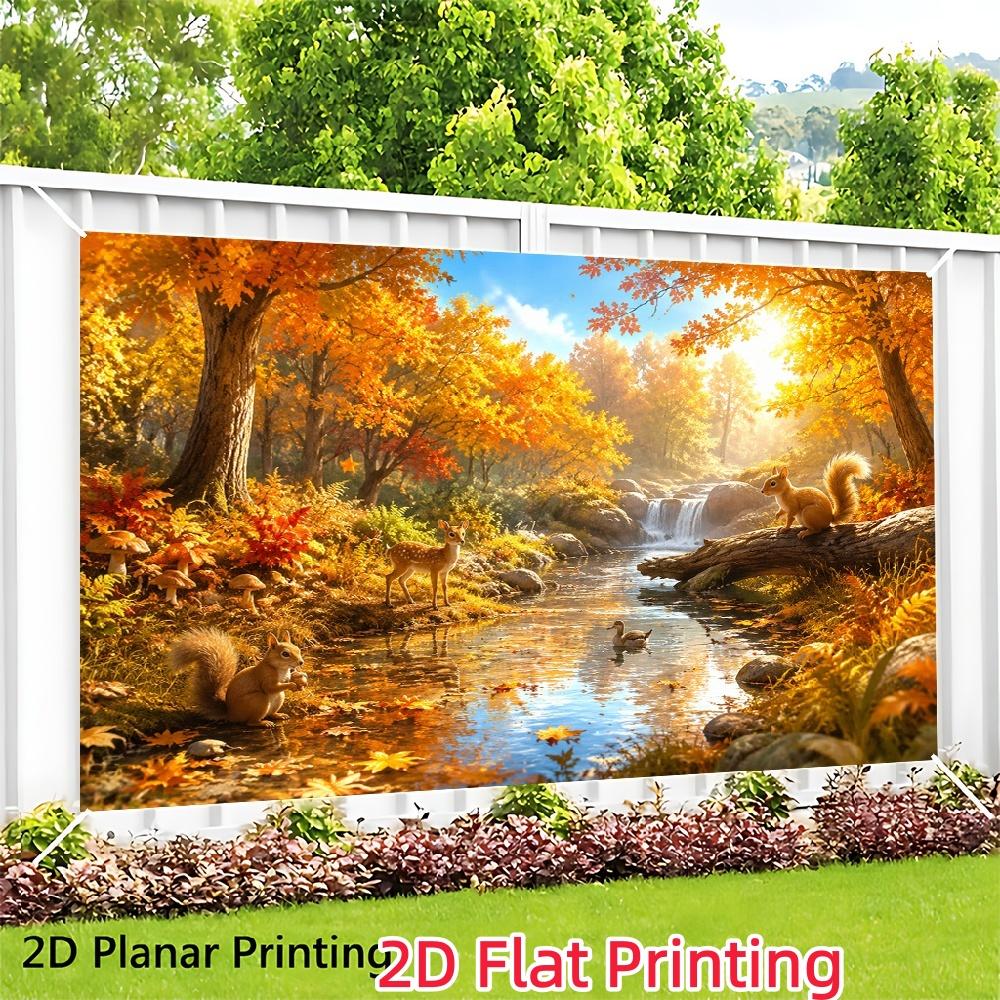 Photography background: 2D flat printing banner 1 piece. Banner depicting autumn forest wildlife and flowing water.zyc