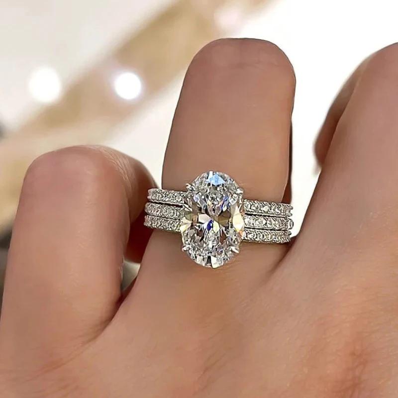 

2026Oval Cubic Zirconia 3Pcs Set Rings for Women Copper Color Dazzling Bridal Wedding Anniversary Party Trendy Zircon 6