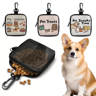 Portable Dog Treat Pouch With Hook And Zipper Transparent Pet Snack Bag Cute Printed Training Treat Holder For Outdoor Walking