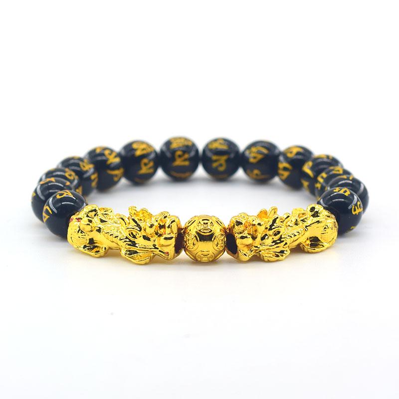 Pixiu Armband Feng Shui Rijkdom en Geluk Armband Heren Polsband Goudkleur Obisidiaan Steen Kralen Zwart Zes Karakter Cadeau
