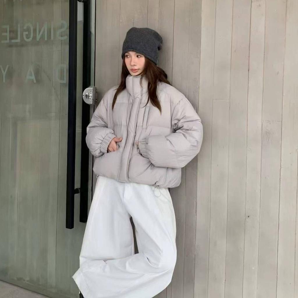 Zipper Buns New Winter Versatile Loose Short Stand-up Collar Casual White Duck Down Jacket Women