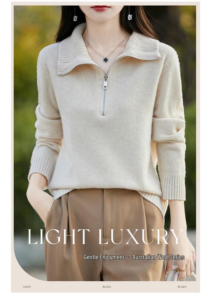 Women's Pure Australian Wool Half-Zipper Casual Lapel Sweater - Long-Sleeved & Thickened Base Layer