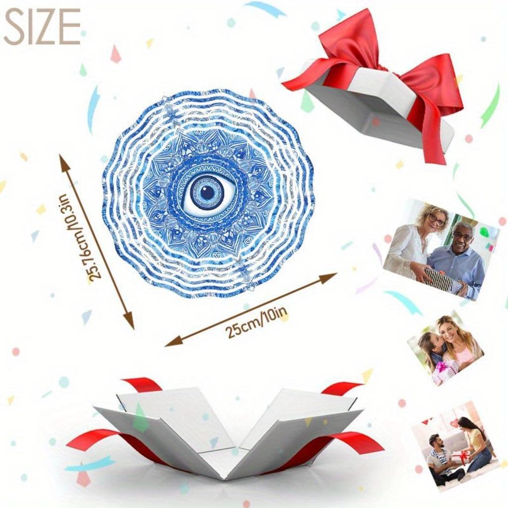 Evil Eye Wind Spinner 3D Metal Garden Decor Blue and White Design for Patio Yard Outdoor Thanksgiving Christmas Holiday No Power Needed