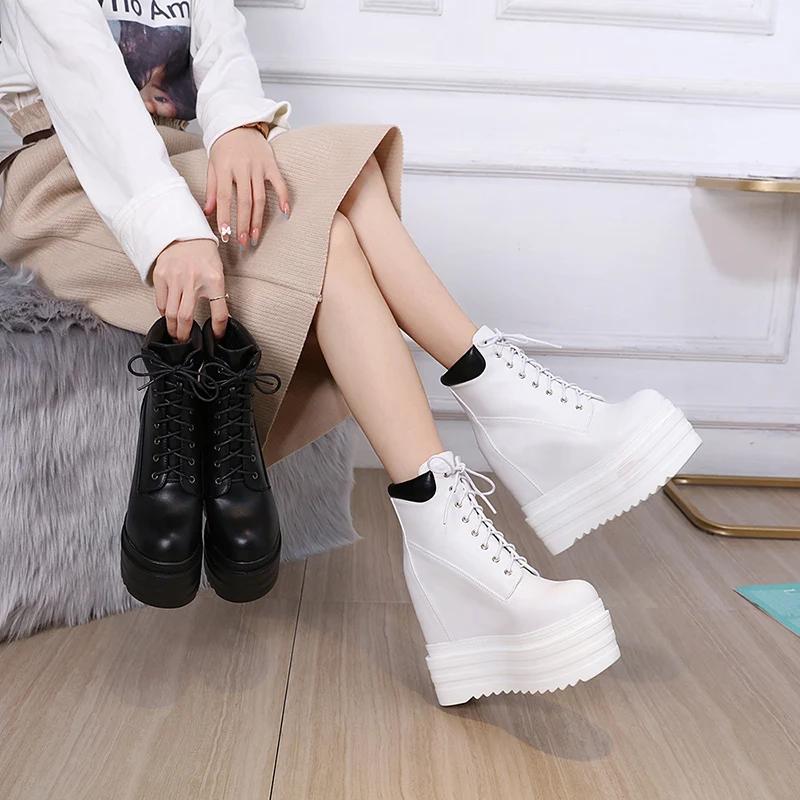 Fashion Lace Up Boots 16CM Thick Heel Ankle Boots Women High Heels Autumn Winter Woman Shoes Black Boots Platform Shoes