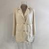 Women's Long Sleeve Tweed Double Breasted Blazer Jacket Notched Lapel Ribbed Open Front Fall Coat with Pockets