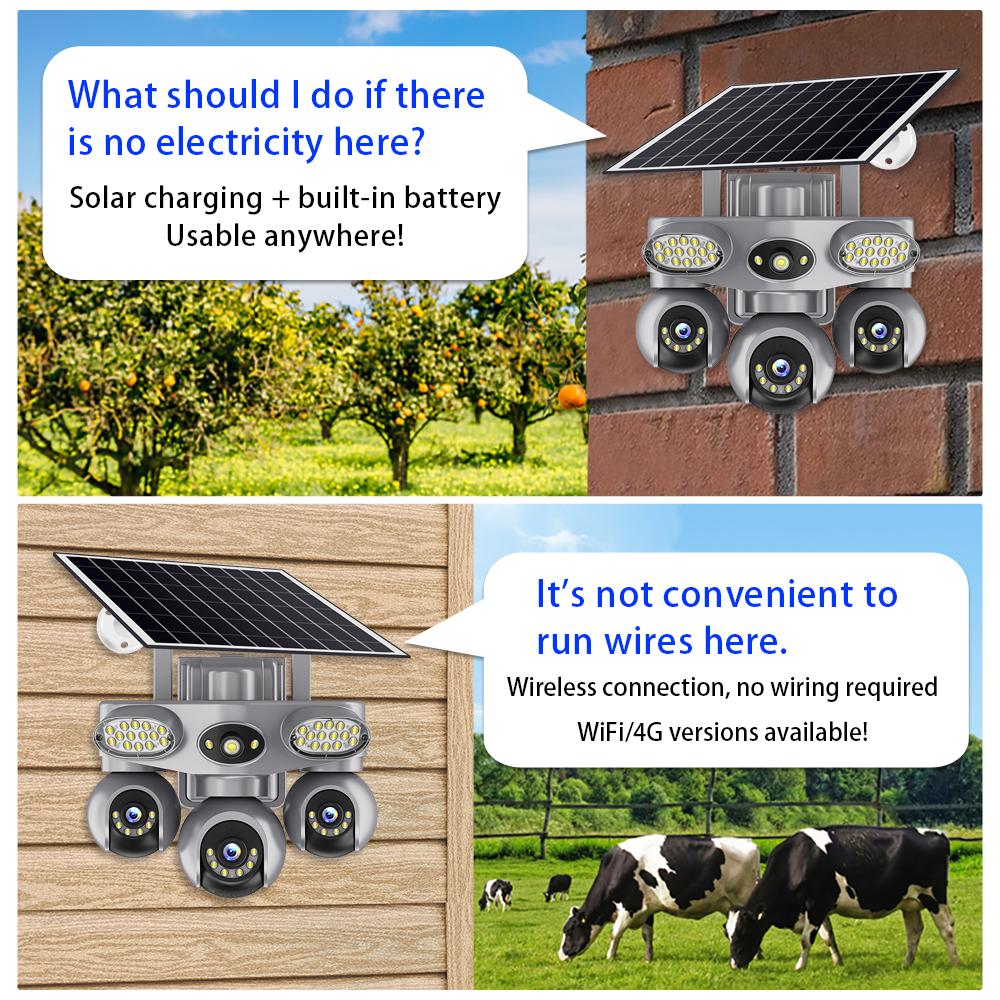 Solar PTZ Camera – 4G/WiFi Outdoor Security with 3-Screen View, Optional LED Light, 2-in-1 Surveillance & Night Lighting
