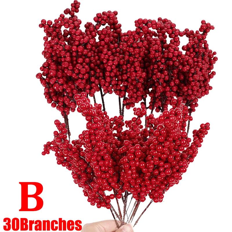1/30 Branches Dense Berries  Artificial Flowers Bouquet Red Holly Berry Stamen Plants Xmas Tree Christmas Party  Home Decor