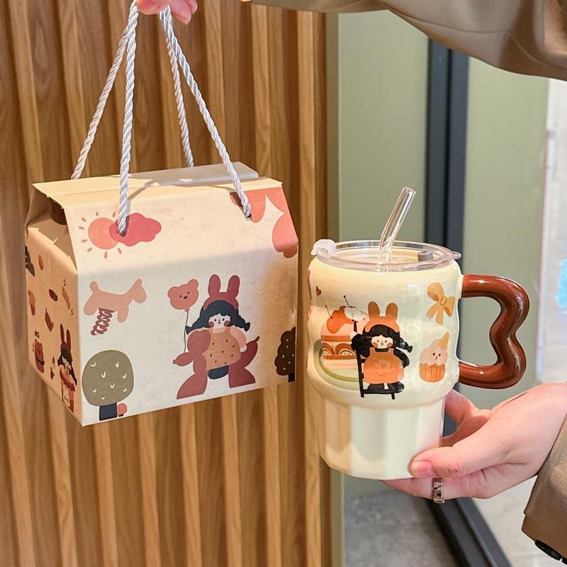 Birthday gift for girls, retro girl straw ceramic cup, cute mug with lid, girlfriend's souvenir gift box.