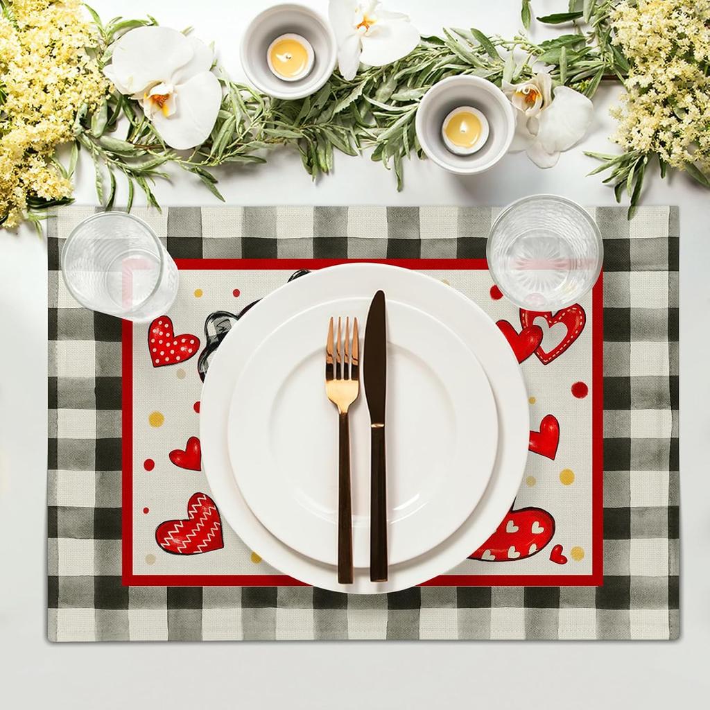Valentine's Day Placemats Set of 6 18x12 Inch Love Heart Buffalo Plaid Linen Place Mat Wipeable Galentines Table Mat