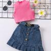 Girls' Fashion Set, Summer Children's Casual Solid-color Sleeveless Top, Denim Pleated Skirt Set, Belt