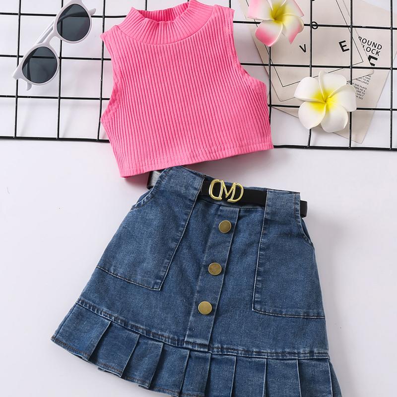 Girls' Fashion Set, Summer Children's Casual Solid-color Sleeveless Top, Denim Pleated Skirt Set, Belt