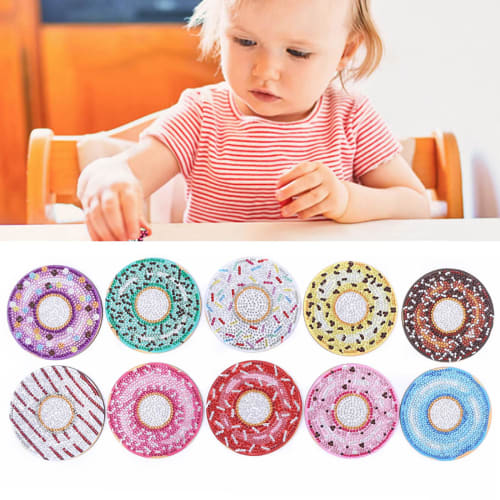 10-Piece Diamond Art Coaster Kit, Donut Design, BetterJonny 5D Diamond Painting Kit with Holder, DIY Wooden Coaster Set for Beginners, Adults, and Kid