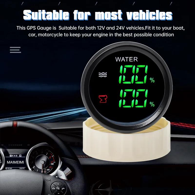 Multifunctiaonal 2 IN 1 Water Level Gauge+Sewage Level Gauge Green LED Digital 52mm Dual Gauge 0-190ohm RV Car Boat Yacht 9-32V