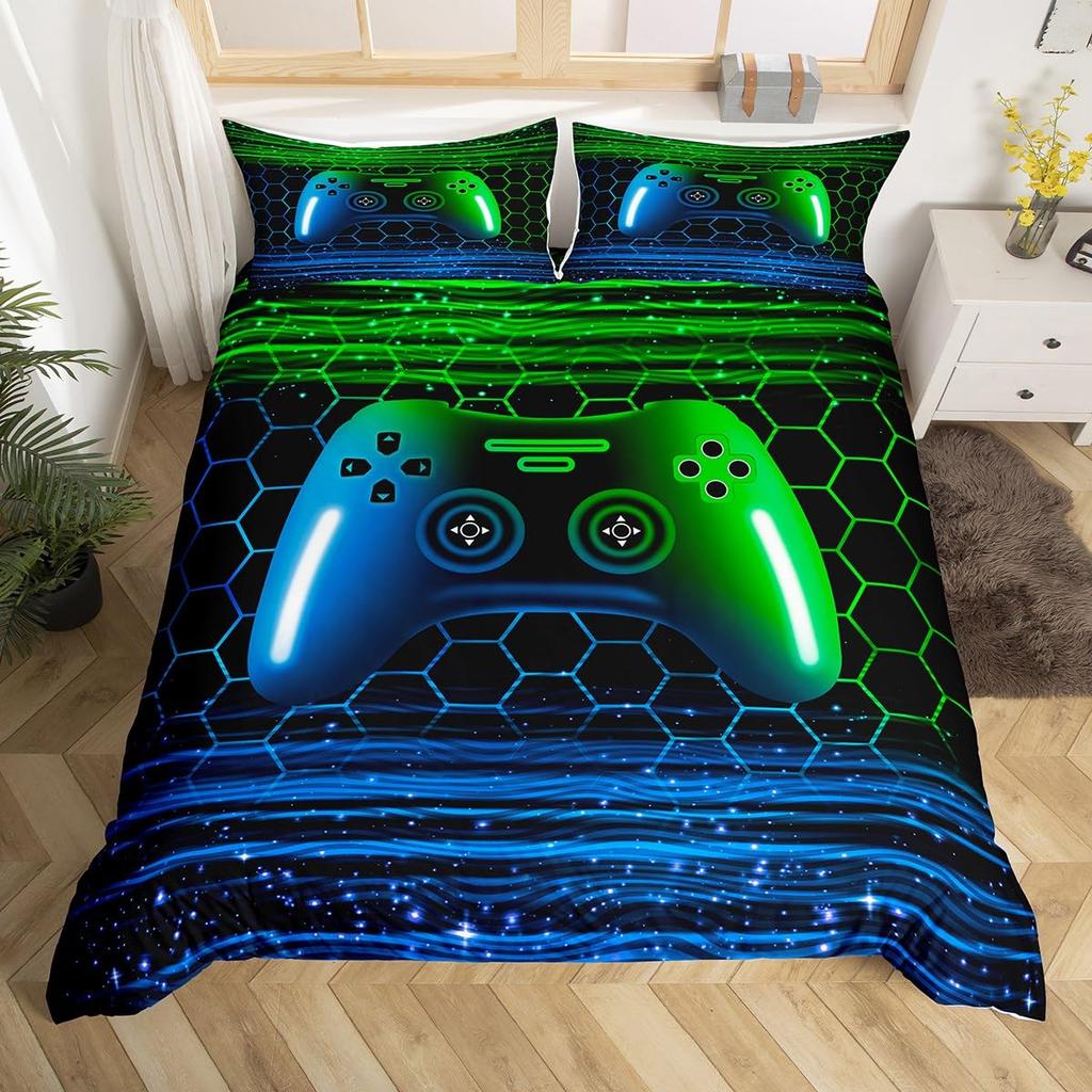 Comforter Gamer Bedding Set Gaming For Kids Teens Men Game Console Bed Set Geometry Stripes Honeycomb Hexagon Comforter