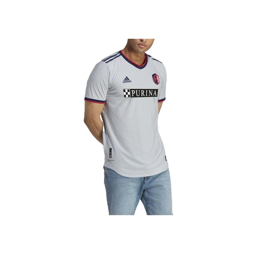 adidas St. Louis City Sc Three Stripe Letter Logo Print V-Neck Short Sleeve T-Shirt Men Tops Light-Gray H47867