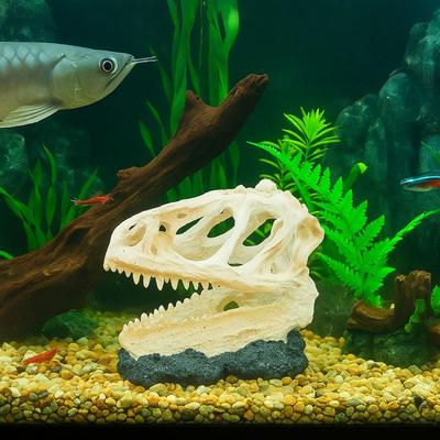 Resin Dinosaur Skeleton Lifelike Decorative Dinosaur Head Skull Ornament Simulated Fish Tank Ornament Water Grass Landscape