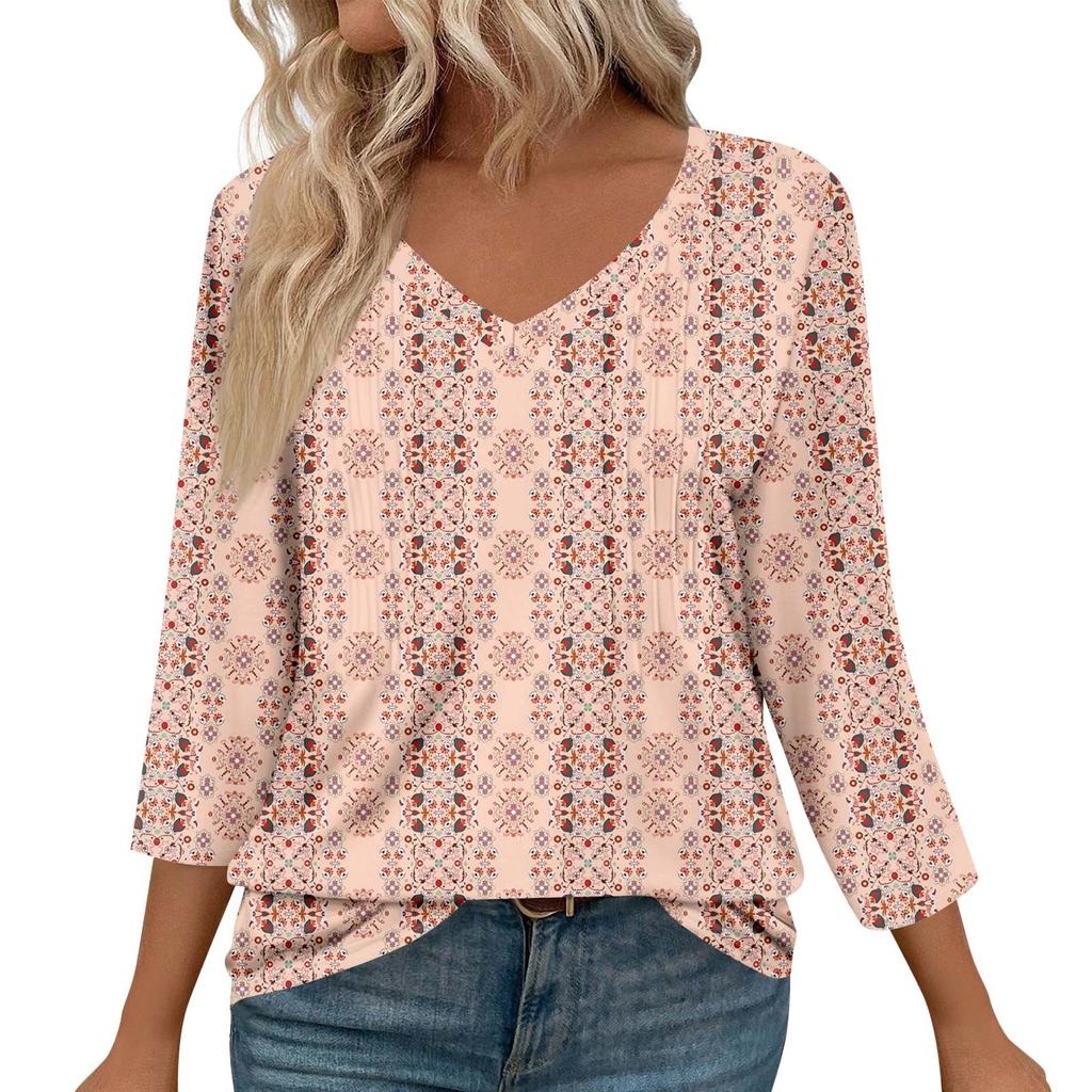 Damenmode Lässige 3/4-Ärmel-Oberteile Plissee-Modekleidung T-Shirt-Oberteile