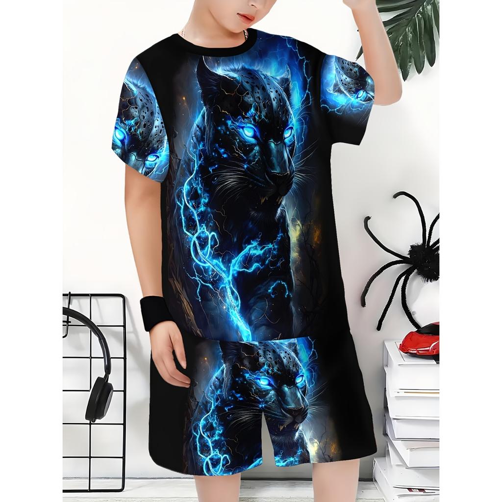 Boys' set of fashionable 3D printed casual pullover, short sleeved shorts, T sports shirt, boys' outdoor T-shirt shorts