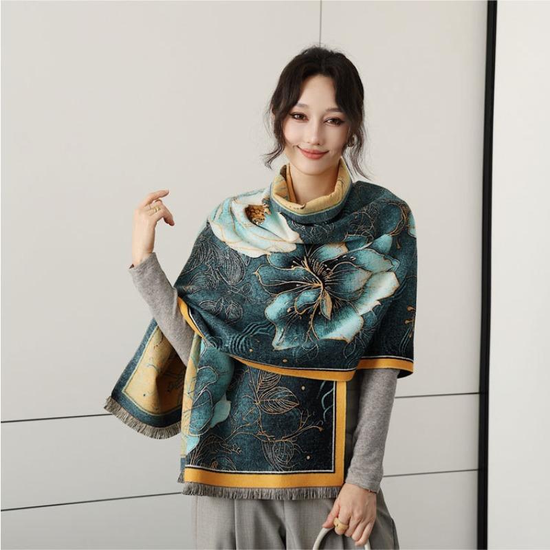 Guochao autumn and winter oil painting peony high-end imitation cashmere shawl literary fashion thickened warm decorative scarf scarf scarf