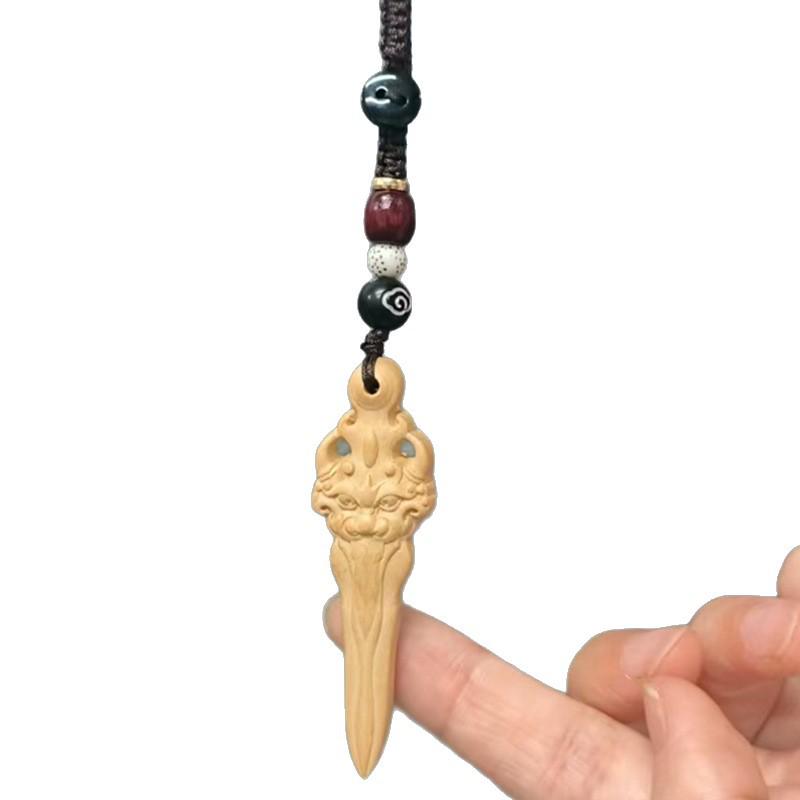 6cm Peach Wood Crape Myrtle Carved Sword Keychain Pendant