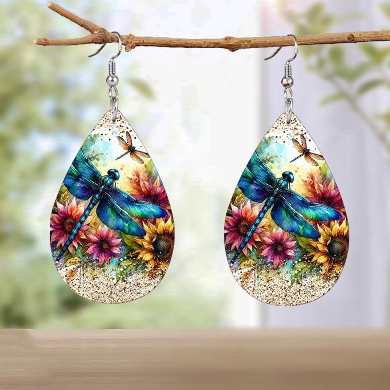 Colorful Dragonflies Flowers PU Leather Earrings Y2K Earrings Double-sided Printed Water Drop Earrings