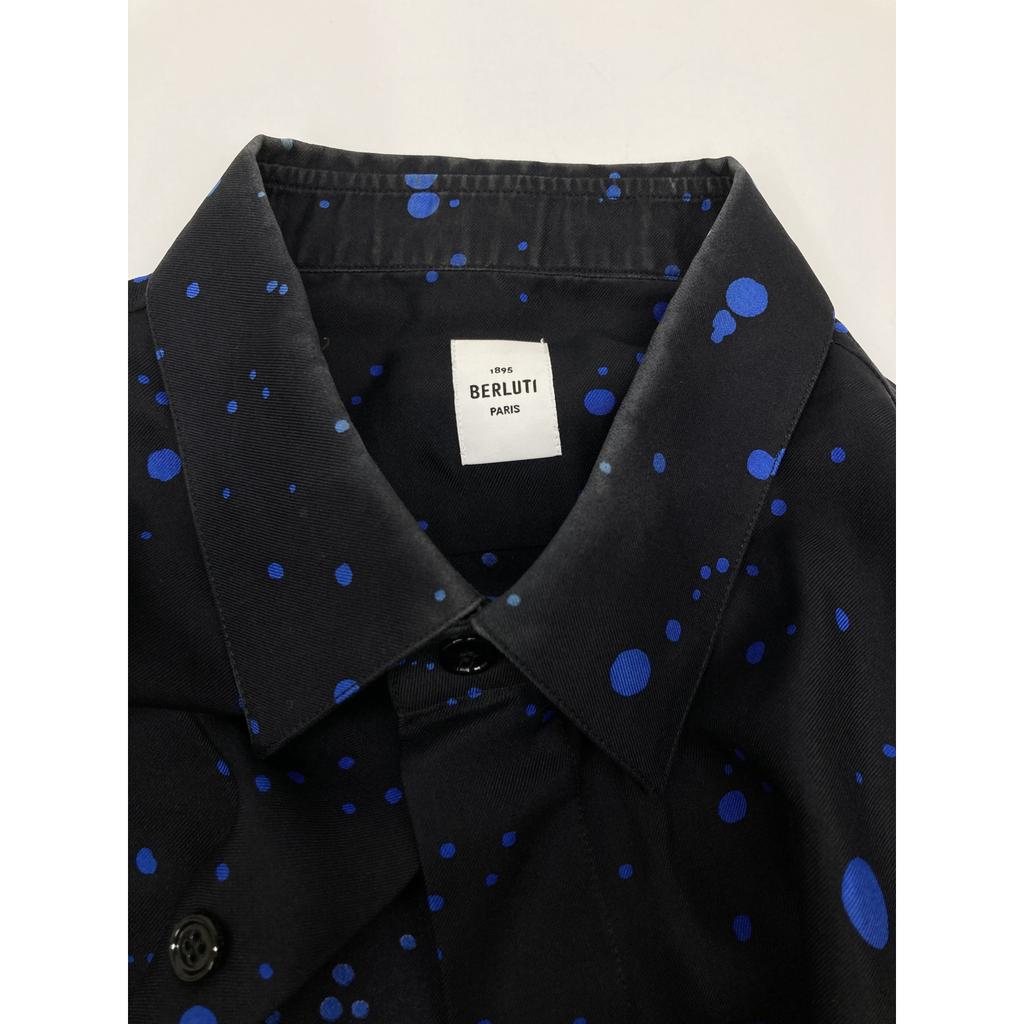 berluti Black x Blue Silk 100% Dot Pattern Shirt tops 38 Black / blueUsed
