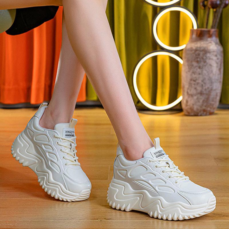Genuine Leather Shoes Women Fashion Sneakers Flat Platform Height Increasing Shoes 7cm Brand Ladies Breathable Mesh Casual Shoes Black Beige
