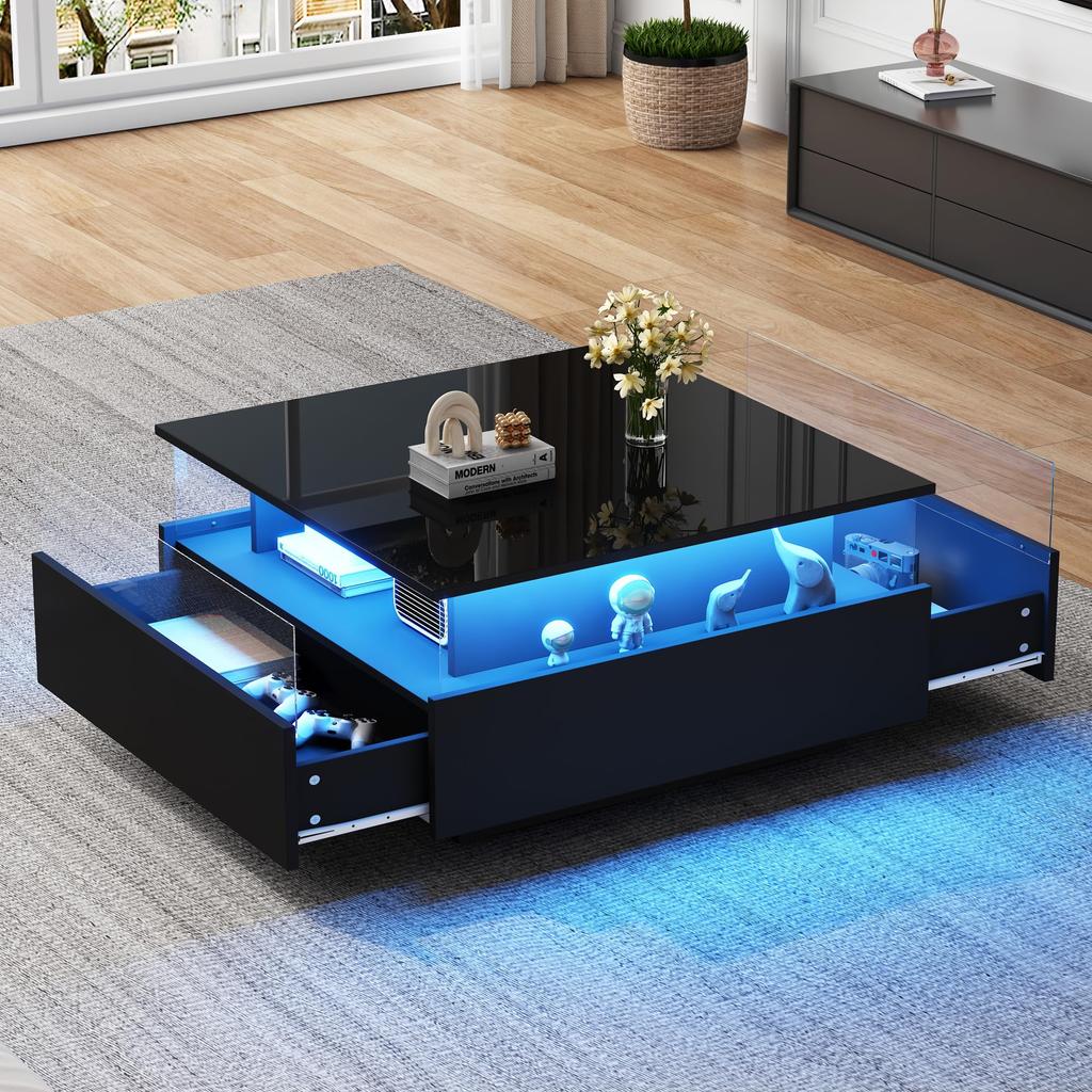 Coffee Table High Gloss Black, Square LED Lighting, Coffee Table 2 Drawers Transparent Sofa Table Side Table Tea Table Office