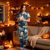 Women's V-Neck Short Sleeve Scrub Top and Pants Set with Pockets, Halloween Print Uniform 2-Piece Set