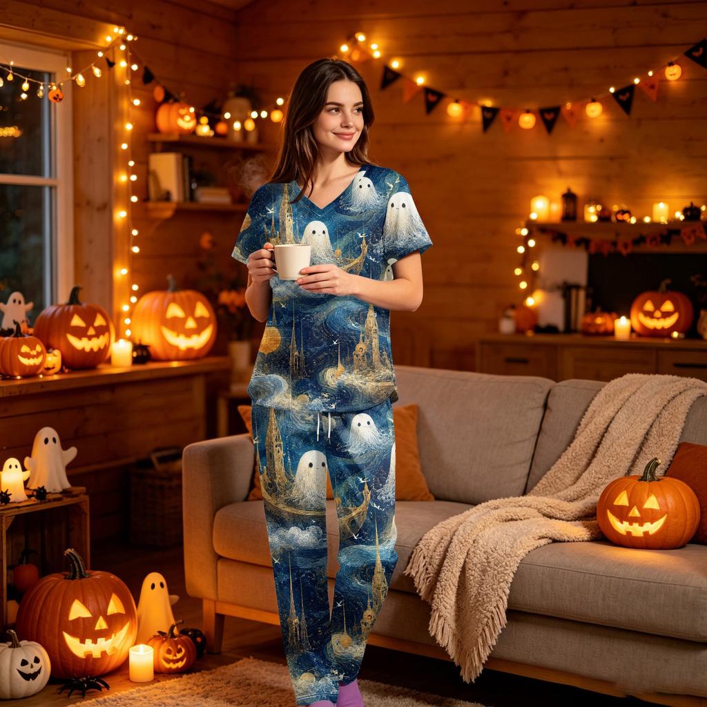 Women's V-Neck Short Sleeve Scrub Top and Pants Set with Pockets, Halloween Print Uniform 2-Piece Set